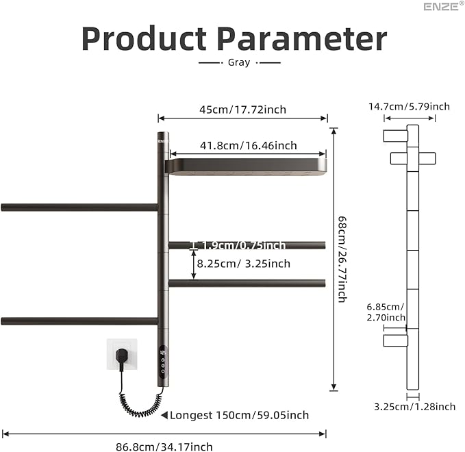 ENZE Smart Rotating Heated Towel Rack for Bathroom, Wall-Mounted Electric Towel Dryer with Swivel Bars & Shelf, Smart Timer, Low Carbon Steel, Plug-in/Hardwired, Towel Warmer with Wi-Fi App Control
