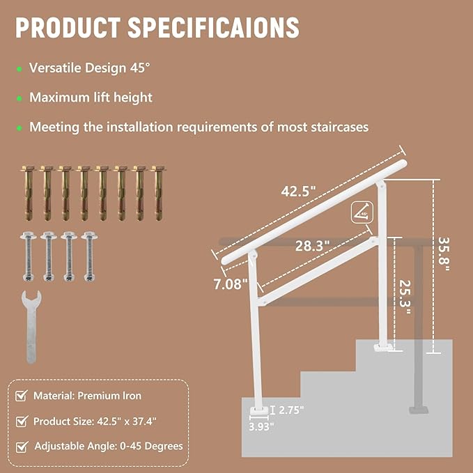 Hand Rails for Outdoor Steps,2-3 Step Railing for Stairs,Adjustable Porch Railing,Hand Rails for Seniors,Outdoor Deck Handrails for Exterior Steps,White