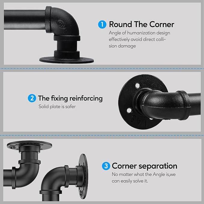 Pipe Stair Handrail, 5 Ft Metal Staircase Handrail, Black Galvanized Industrial Iron Hand Rail for Indoor & Outdoor Wall Mount Support, Wall Hand Railing,Safety Handle, Steps Baluster(HR03)