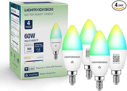 Matter Candelabra Smart Light Bulbs 60W Equivalent, Candle E12 LED Bulb Compatible with Alexa/Siri/Apple Home/Google Home/SmartThings, RGBCW, 2.4G WiFi, ETL Listed, Hub Required, 4PCS
