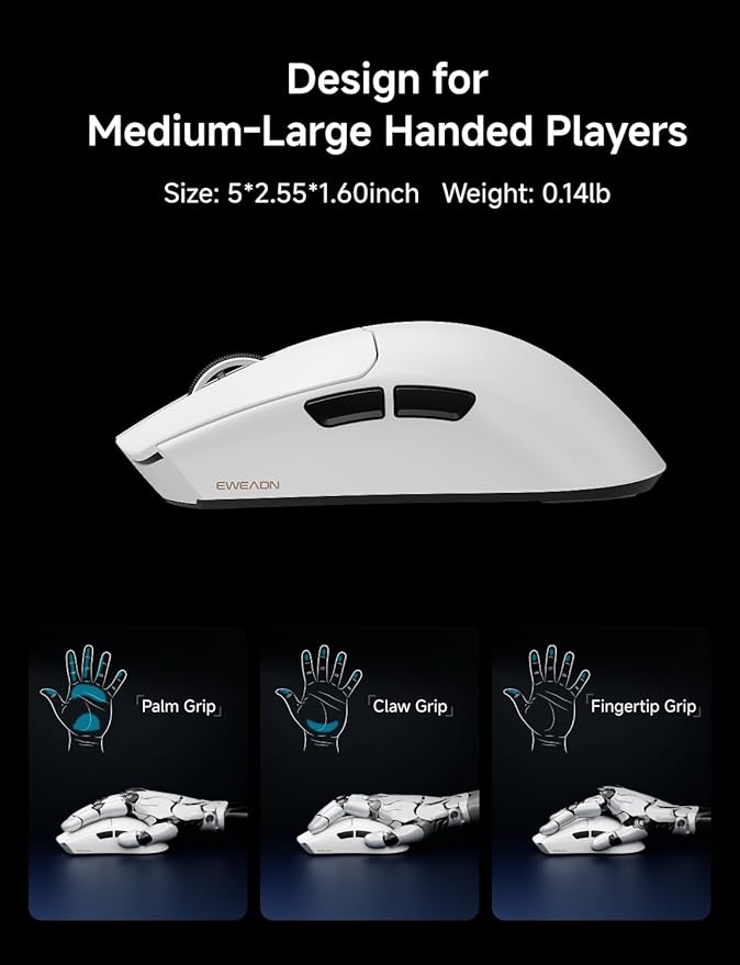 S9 Pro Wireless Gaming Mouse, 59G Ergonomic Computer Mouse, Triple Modes, 8K Polling, 26K DPI, PAW3395 Optical Sensor, Kailh Switch, 250h Battery Life, Programmable for PC/Win/Mac(White)