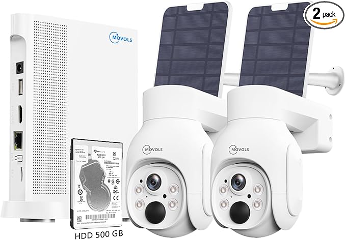 Movols 4MP Solar Security Camera System 2PCS Wi-Fi PTZ Cameras with 10CH 4K NVR Surveillance System Built in HDD 500G,Color Night Vision, Motion Alert, Two-Way Audio,IP66 Home Surveillance Nvr Kit