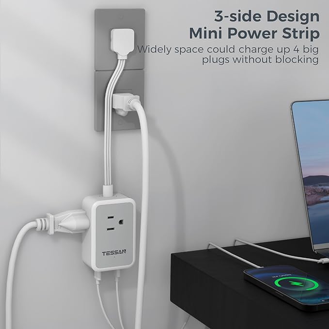 Short Power Strip 9 inch, TESSAN Flat Plug Small Extension Cord with 3 Outlet Extender 3 USB (1 USB-C) Ports, Desk Power Strip for Cruise Travel Office School Dorm Room Essentials