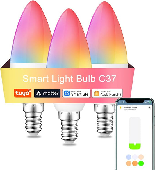 Matter Smart Color Changing Light Bulbs, E12, 2.4G WiFi 300 lumens, HomeKit Compatible, Works with Siri/Alexa/Google Assistant/Smart Life, C37, 3 Pack