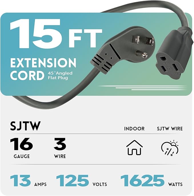 EP 15 Ft Flat Plug Extension Cord, 16 AWG 3 Prong Grounded Grey Low Profile Extension Cable for Indoor
