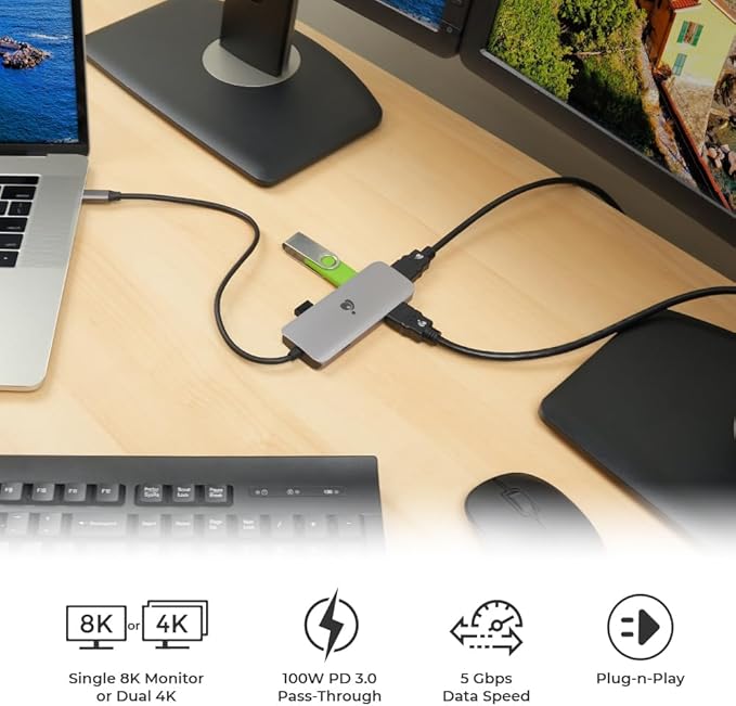 IOGEAR USB-C 6-in-1 Travel Dock 8K Single Monitor Nano Dock Pro Up to 4K in Dual Display Mode, Dual Monitors Thunderbolt 3 4 Compatible for Laptop GUD3C8K2P