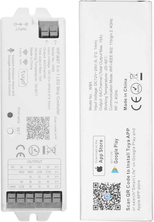 HUSUKU S1 5in1 WB5 2.4GHz Tuya WiFi PWM LED Controller for Dimming CCT RGB RGBW RGBCCT LED Strip, Smart APP Control Fit for Alexa Echo/Google Assistant Home/Siri, RF Control with R1 Remoter
