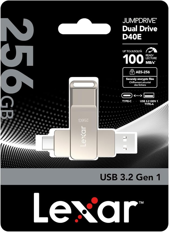 Lexar D40E 256GB Dual USB 3.2 Gen 1 Type-C Jump Drive, USB-C Flash Metal Housing Swivel Design Thumb Drive