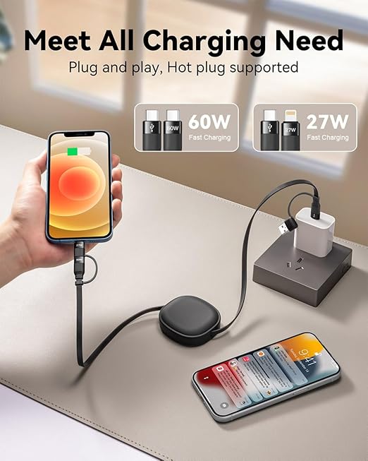 Multi Charging Cable, 2Pack 5 in 1 Retractable Lightning Charger Cable 60W USB C to USB C Fast Charging,Multiple USBC Cord Multi Car Charger for iPhone 17/16/15/14 Pro Max,iPad,Samsung S25 S24,Tablets