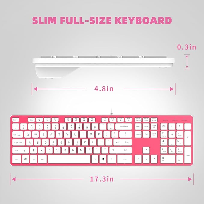 Wired USB Keyboard, Comfortable Quiet Chocolate Keys, Durable Ultra-Slim Wired Computer Keyboard(QWERTY) for PC, Windows 11/10/8/7/XP/Vista KB1430 - Pink