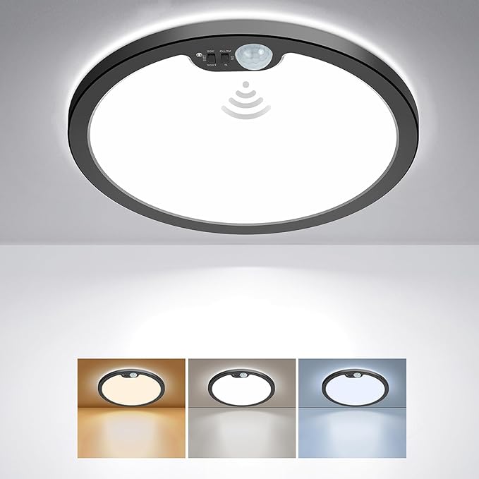 BLNAN Motion Sensor Ceiling Light Wired, 12 Inch 3000K 4000K 5000K Selectable LED Flush Mount Light Fixture, Motion Activated Light with Timer for Hallway Stair Walk-in Closet, Black Frame