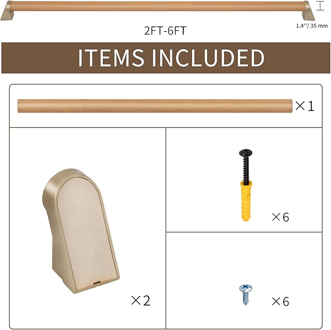 2 FT Handrails for Indoor Stairs,Railings，Outdoor Stairs Handrail，Modern Aluminum Handrail Set, Wall Mounted，Wall Return Bracket More Safety, Rust Free. (Cherry Wood Grain, 2 FT)