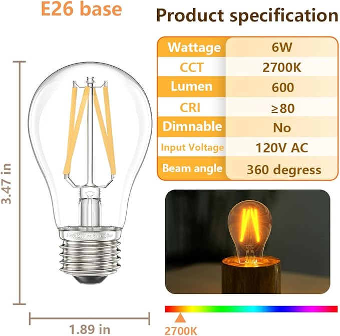 E26 LED Bulb, Dimmable A15 Led Bulb 6W=60 Watt Warm White 2700k LED Light Bulbs, E26 Medium Base Vintage Led Edison Bulb for Ceiling Fan,Vanity,Refrigerator,Wall sconces Light Bulb（4 Packs