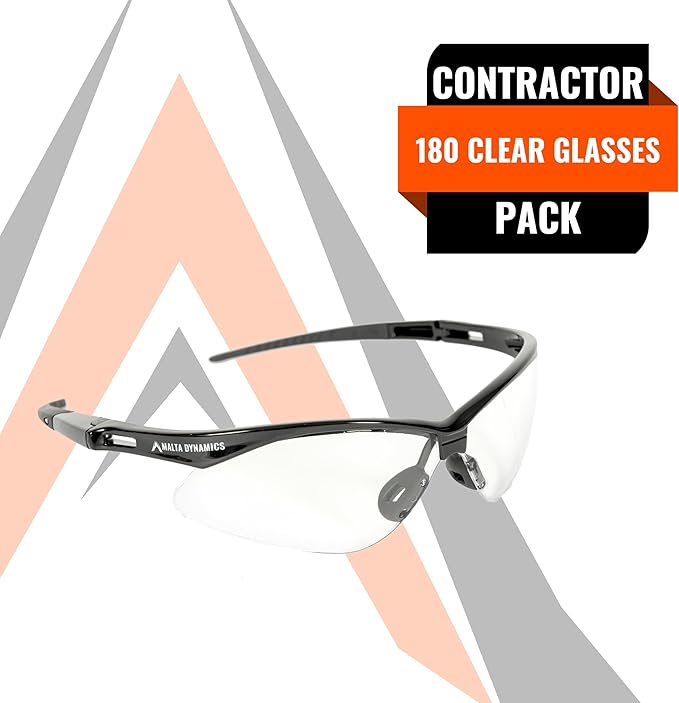 Malta Dynamics APEX Safety Glasses – Construction Safety Glasses for Men and Women with Anti Scratch and Anti Fog Protection, ISEA & ANSI Z87 Compliant (Clear, 180 Pairs)
