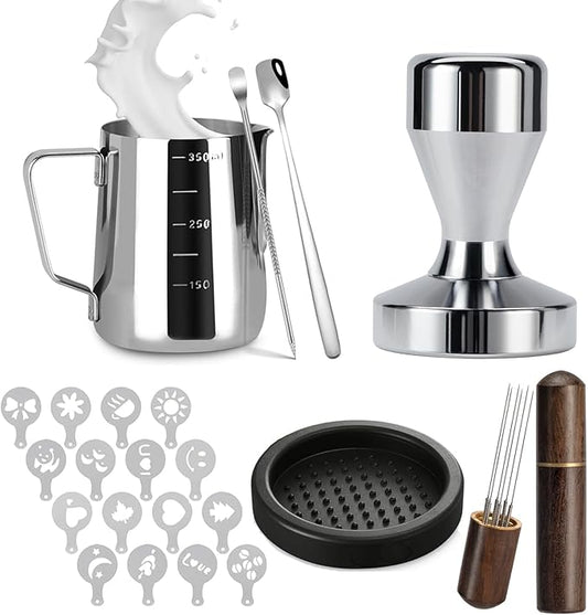 Espresso Accessories Kit 51mm Tamper: 51mm Espresso Tamper Set Espresso Kit Including Coffee Tamper, Milk Frothing Pitcher, WDT Tool Espresso, Tamper Mat, Latte Art Pen, Coffee Spoon, Coffee Stencils