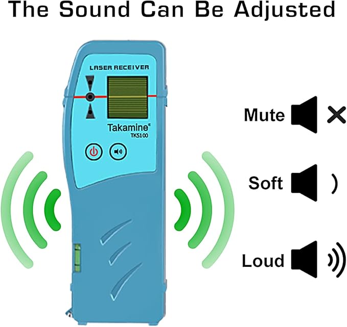 Takamine Laser Receiver for Laser Level - Green Laser and Red Beam Receiver for Pulsing Line Lasers, Three-sided Smart LED Displays, Adjustable Speaker, Two-Sided Level Bubble Bottle, Clamp Included