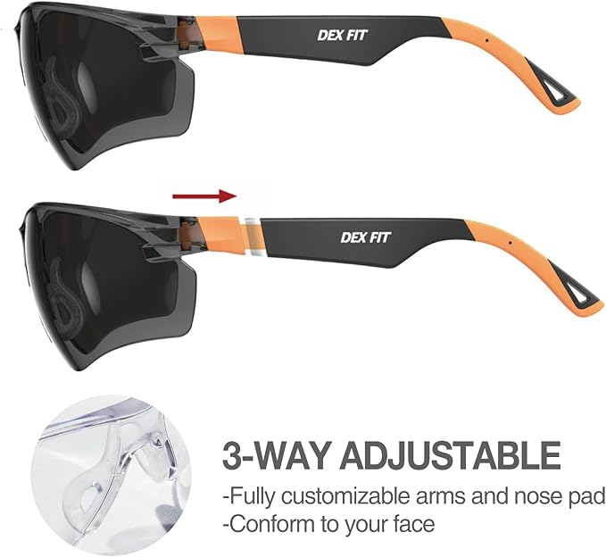 DEX FIT Safety Sunglasses SG210, Z87 Eye Protection, Anti-Fog & Scratch Resistant, Adjustable for Women and Men, UV Protection (Black & Orange Frame, Tinted Lens)