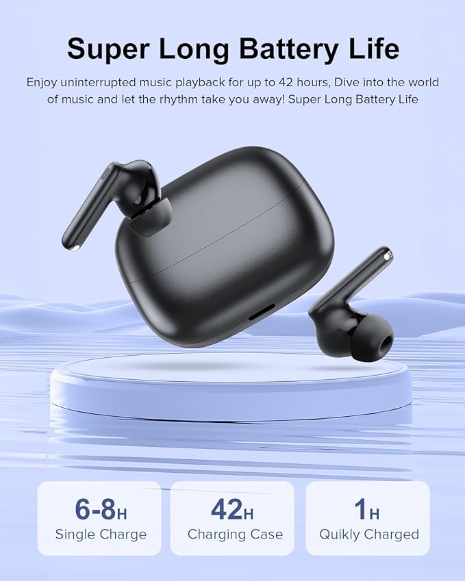 Wireless Earbuds, 42H Playtime Bluetooth 5.3 Headphones, HiFi Stereo Call Noise Cancelling Earbuds, IPX7 Waterproof Stereo in-Ear Earphones with LED Display for iOS Android (Black)