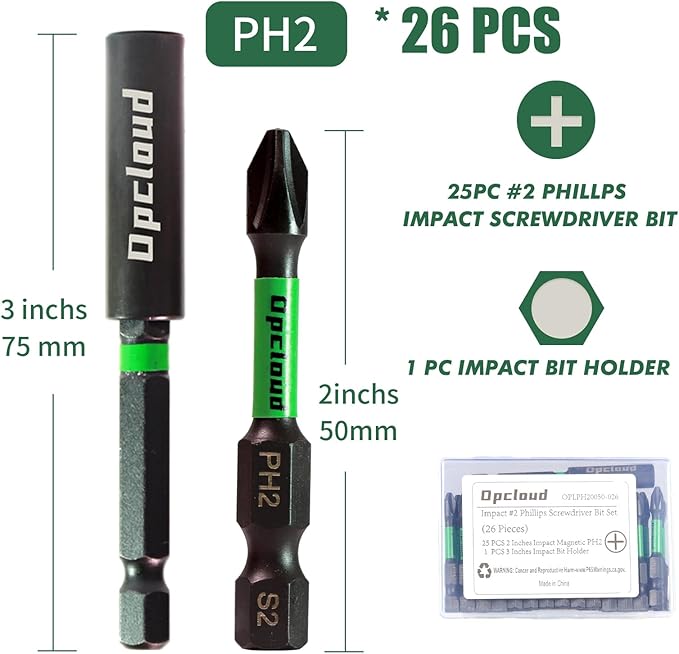 Impact #2 Phillips Screwdriver Bit Set, 26 Pieces 2”S2 Steel Magnetic PH2 Tips Driver Power Bit Set with Extension Impact Bit Holder