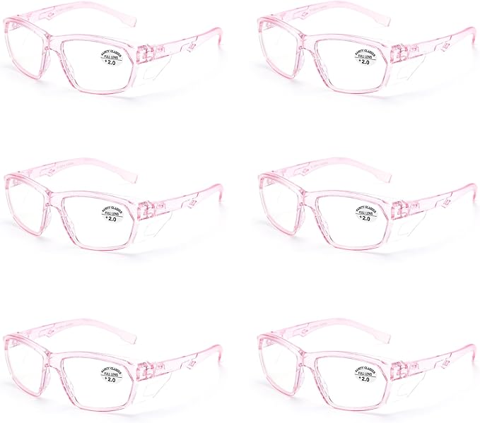 ProtectX Stylish Anti-Fog & Scratch-Resistant Safety Glasses With Readers, UV Protection Goggles, Anti-Impact Lightweight Glasses for Men＆Women Pink Reading 2.0-6 Pack