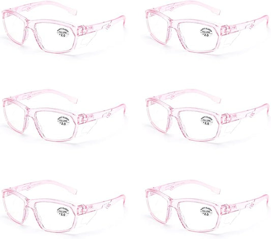 ProtectX Stylish Anti-Fog & Scratch-Resistant Safety Glasses With Readers, UV Protection Goggles, Anti-Impact Lightweight Glasses for Men＆Women Pink Reading 2.0-6 Pack