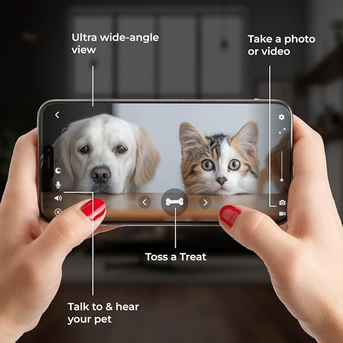 WaggleCam 2K Pet Camera and Treat Dispenser with 360° AI Tracking, 2-Way Audio, Motion Alerts, Night Vision, Dual-Band WiFi (2.4 GHz or 5 GHz) – Indoor Use