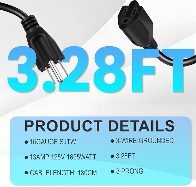 Short Power Extension Cord,16AWG/13A,Outlet Saver, 3 Prong Male Plug to Female Socket Heavy Duty Power Extension Cable (3.3FT/1M)