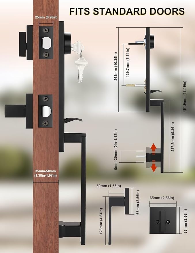 2 Pack Full Escutcheon HandleSet Front Door Entry Handle and Deadbolt Lock Set Slim Square Single Cylinder Deadbolt and Lever Heavy Duty – Matte Black Finish