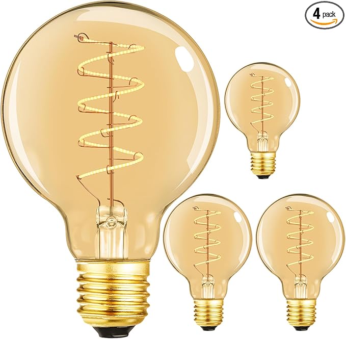 Leools Vintage LED Spiral Filament Bulb G25/G80 Dimmable Flick-Free 6W CRI95 LED Edison Globe Light Bulb E26 Base,Amber Glass,Warm White,2200K, 400LM(40W Equivalent), Pack of 4