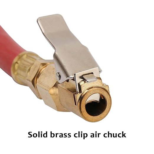 MEASUREMAN Heavy Duty Bayonet Style Tire Inflator, Aluminum Body, 20" Red Hose, Clip On Air Chuck, Aluminum Slide, Range 10-130psi/kpa