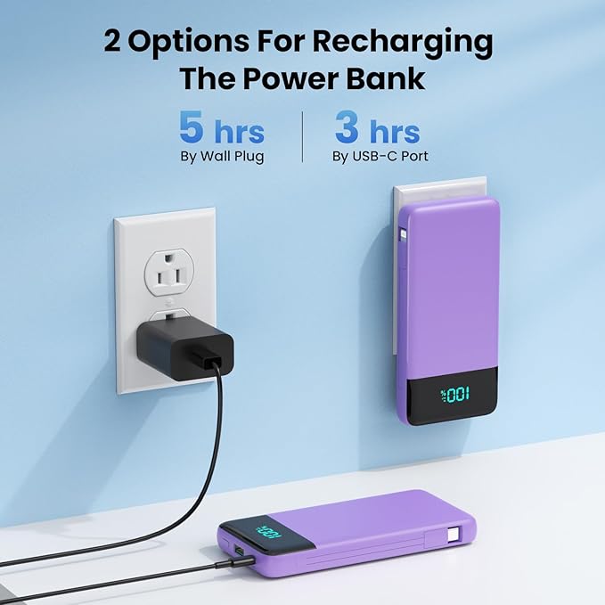Portable Charger Power Bank with Built in Cables and Wall Plug,13800mAh Portable Battery Pack Fast Charging Compact LED Display Phone Charger Compatible with iPhone 16/15,Galaxy S23,Tablets etc