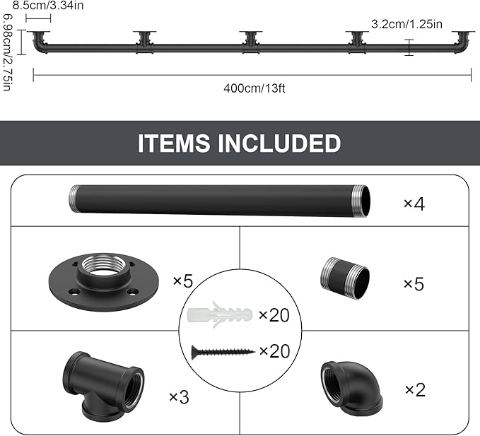willstar 13FT Industrial Staircase Handrail Non-Slip Pipe Bar Foot Rail Wall Mount Stair Rail Vintage Grab Bar for Steps Black Iron Pipe Handrail for Outdoor Indoor Stairs Loft Porch Hand Rail (13ft)