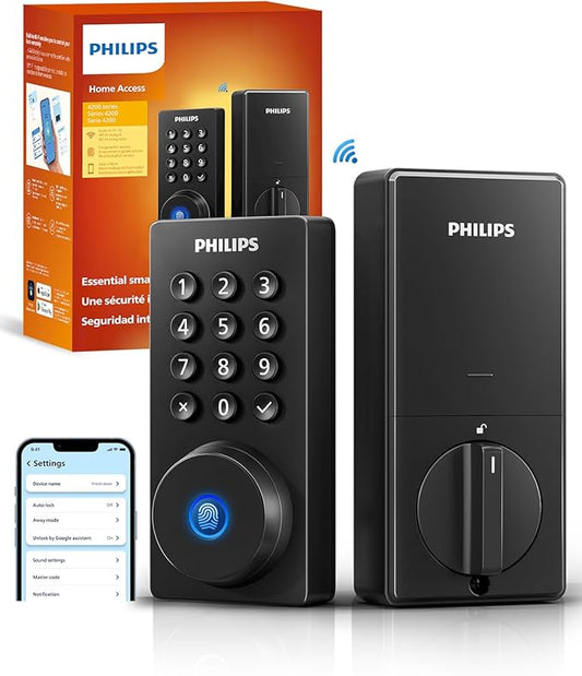 Philips Wi-Fi Door Lock, WiFi Smart Lock Keyless Entry Deadbolt for Front Door, Compatible with Alexa & Google Assistant, Remote Control, Built-in WiFi, APP Fingerprint Passcode Unlock, Auto Locking
