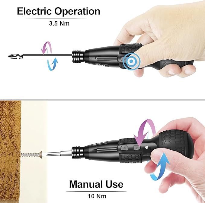 3.6V Cordless Electric Screwdriver - Manual & Automatic 2-in-1 with LED Light, 4.25'' Magnetic Rust-Proof S2 Bit for Furniture Assembly, Home DIY, Electronic Repair, 0.44lbs Lightweight (Black)