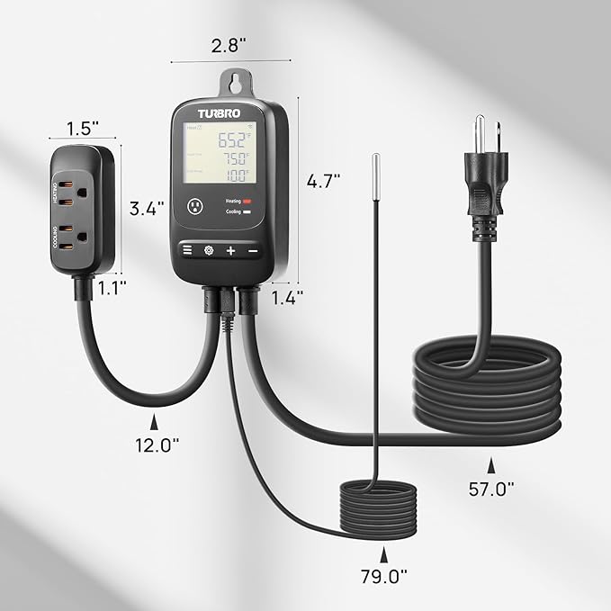TURBRO Smart Temperature Controller Heating Cooling, WiFi-Enabled Thermostat with Timer and Temperature Monitoring for Home Brewing, Seedling, Greenhouse, and Reptile Terrarium, TC01