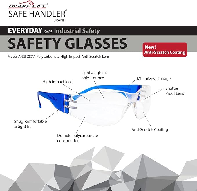 BISON LIFE Protective Safety Glasses - Clear Polycarbonate Impact and Ballistic Resistant Lens, BLUE Temple (Case of 12 Boxes, 144 PAIRS)