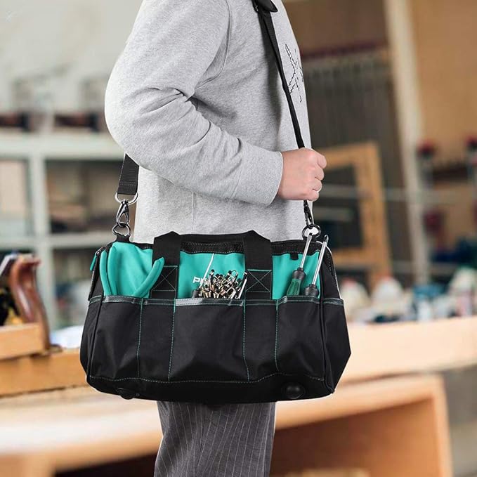 Prowin 16-inch Wide Mouth Tool Bag Multi-pocket Tool Organizer with Adjustable Shoulder Strap, Tool Tote Bag for Men
