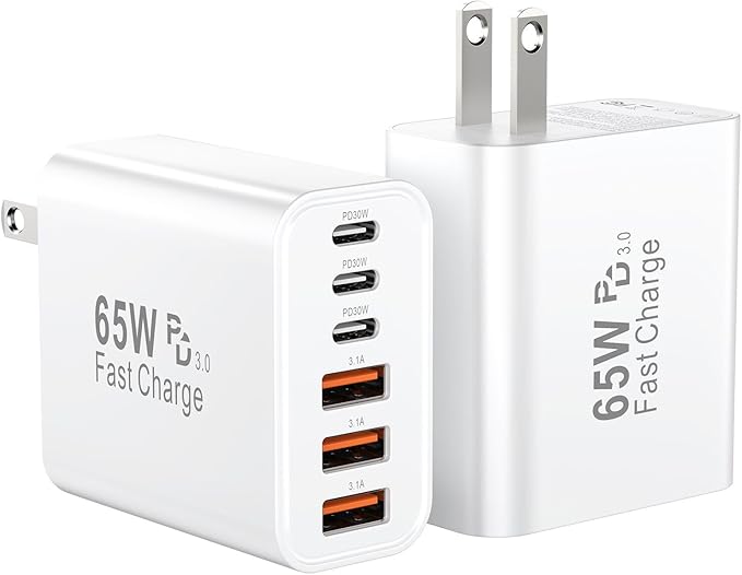 USB C Fast Charging Block, 65W USBC Multi Port Charger Blocks 6-Ports PD & QC Charging Cube Brick Power Adapter Type C Wall Chargers for iPhone 16/15/14/13/12/Pro Max, iPad Pro/Air, Samsung Galaxy S25