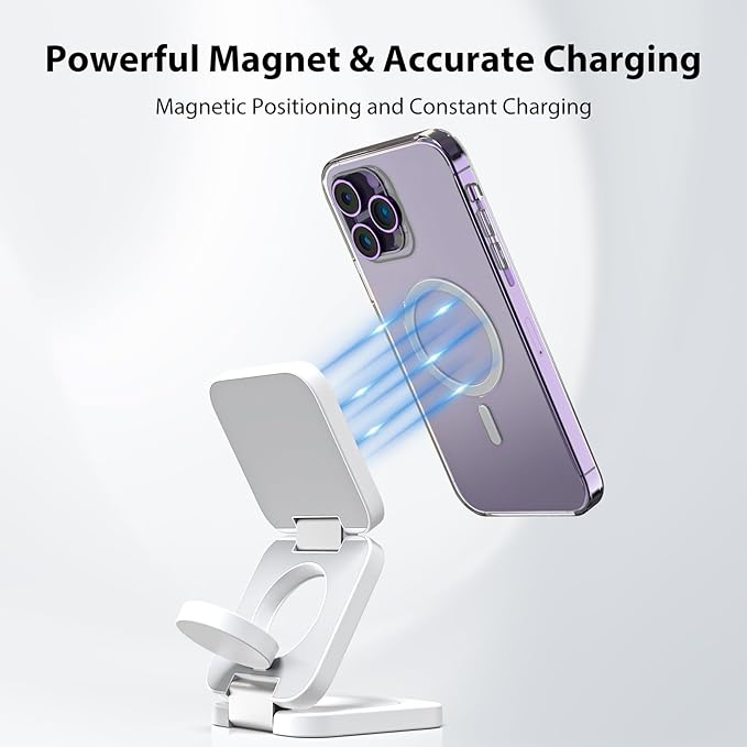 Fast Wireless Charger, Magnetic Foldable 3 in 1 Charging Station for iPhone 16/15/14/13/12/Pro/Plus/Pro Max, 5W Portable Charger for Apple Watch9/8/7/6/5/4/3/SE, for Airpods3/2/Pro-White