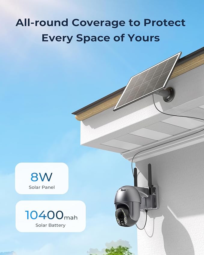 SEHMUA Security Cameras Wireless Outdoor with 5MP Resolution, 10x Optic Zoom, 360° Panoramic View, 10400mAh Battery, Solar Powered, Color Night Vision, PIR Detection, IP65 Watherproof for Home (Grey)
