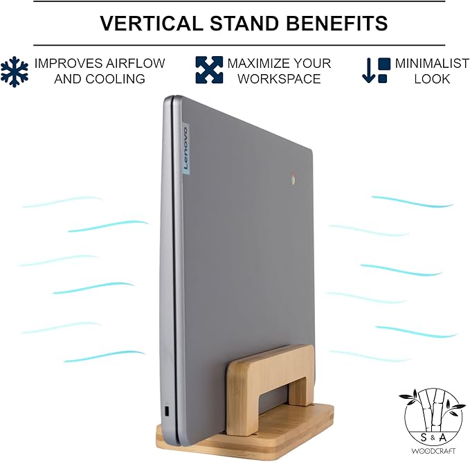 S&A WOODCRAFT Bamboo Wood Vertical Laptop Stand, Adjustable Wooden Laptop Holder, Non-Slip Laptop Dock Compatible with Apple MacBook, Microsoft Surface, Gaming Laptops, IPad, Tablets