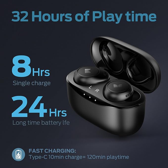 Monster Achieve 300 AirLinks Wireless Earbuds, Bluetooth 5.3 in-Ear Headphones with Charging Case, Stereo Headphones, 32H Playtime Touch Control, Built-in Mic, Clear Call, Black