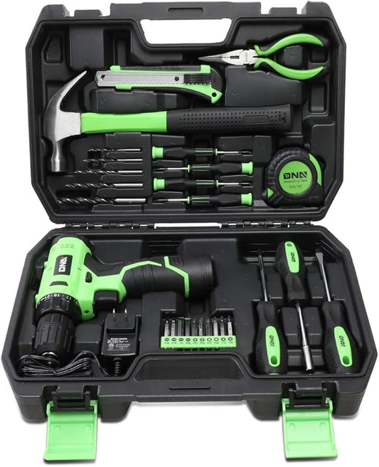 DNA MOTORING 27pcs 12V 1300mAh Cordless Drill Set, Drill Driver Home Tool Kits Combination Tool Set, Tool Kit with Drill For Home, DIY, Maintenance, Green, TOOLS-00018