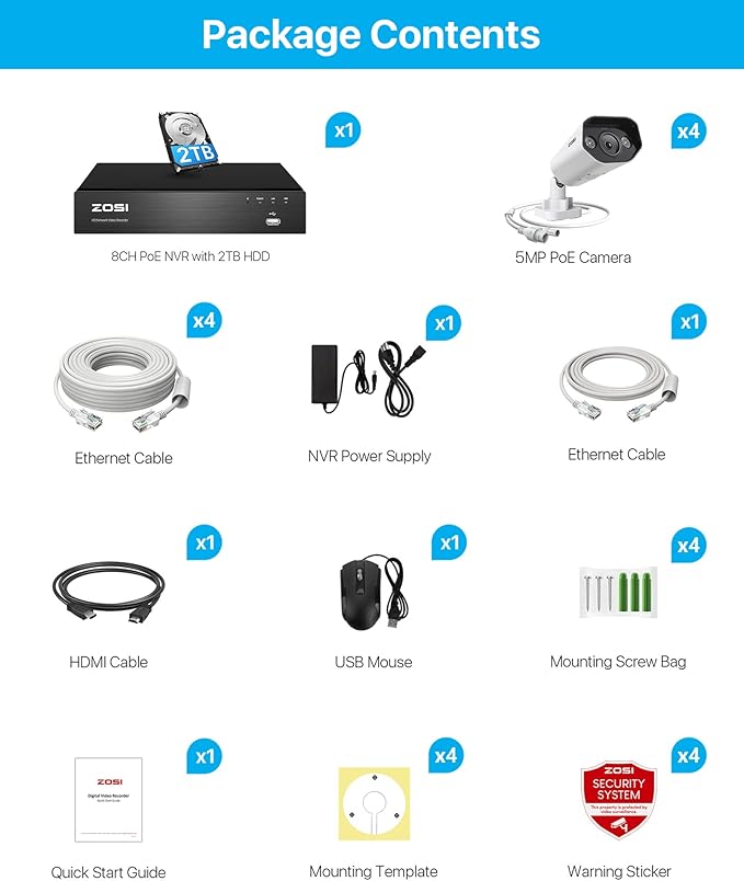 ZOSI 8CH 4K Spotlight Home PoE Security Camera System,8 Ports 16CH 8MP NVR with 2TB HDD,4 x 5MP Outdoor PoE IP Cameras,Person Vehicle Detection,2-Way Audio,Night Vision,Sound Alarm,for 24-7 Recording