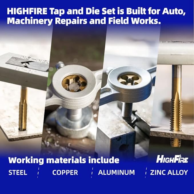 HIGHFIRE 86 pcs Tap and Die Set, SAE and Metric Standard, Large Tap and Die Set with Hex Shape, Titanium Coated Tap and Die Set with Storage Case, All-in-One Tap and Die Set