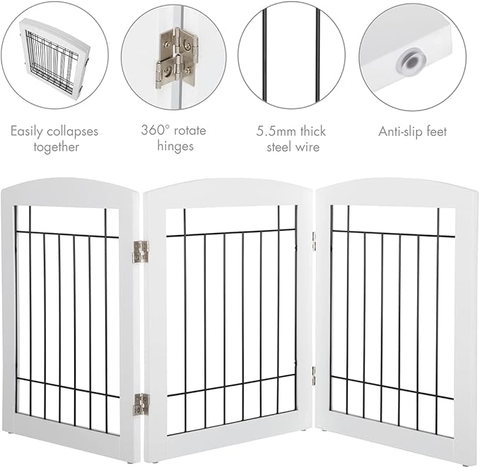 PAWLAND Free Standing Dog Gates for The House Stairs Doorways Indoor Foldable Wooden Small White Puppy Pet Gate Step Over Fence 60" W 24" H 3 Panels