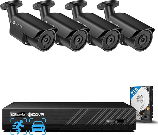 4COVR 4K PoE Security Camera System, 8CH 8MP H.265 UHD NVR with 2TB HDD, 4Pcs 8MP Wired Bullet IP Camera with Audio, IP67 Home Weatherproof, Person Vehicle Detection & Night Vision, LY37EB8M0804