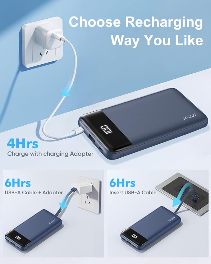 Portable Charger with Built-in Cables 10000mAh Power Bank with Cords, Slim Fast Charging Battery Pack, Travel Essential Portable Charger for iPhone 17/16/15/14/13 Series, Samsung Google Pixel iPad