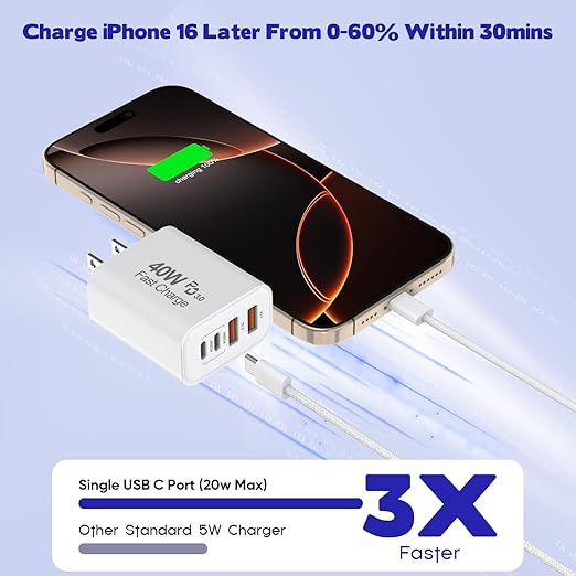 iPhone 16 Pro Max USB C Charger Cord, 2Pack USB C-C Woven Cable Cord 3FT 40W Type C Apple Charger 4 Port PD&AC Wall Plug Fast Charging for iPhone 16e/16 Pro/16 Pro Max/16 Plus/15/15 Pro/15Pro Max/iPad