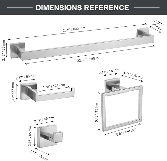 TQKAG 6-Piece Bathroom Towel Bar Sets Brushed Nickel 23.6 inch Towel Bar Stainless Steel Towel Ring Coat Hook and Toilet Paper Holder Bathroom Hardware Set Wall Mounted Bathroom Accessories Kit